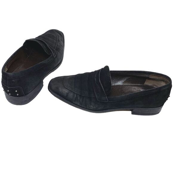Tod's Studded Heel Suede Square Toe Slip On Penny Loafer Black Silver 7.5 - Picture 1 of 14